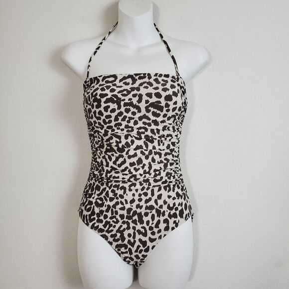J Crew Women's Swimsuit 2 White Brown Ruched Bandeau One Piece in Leopard Print - Picture 1 of 10